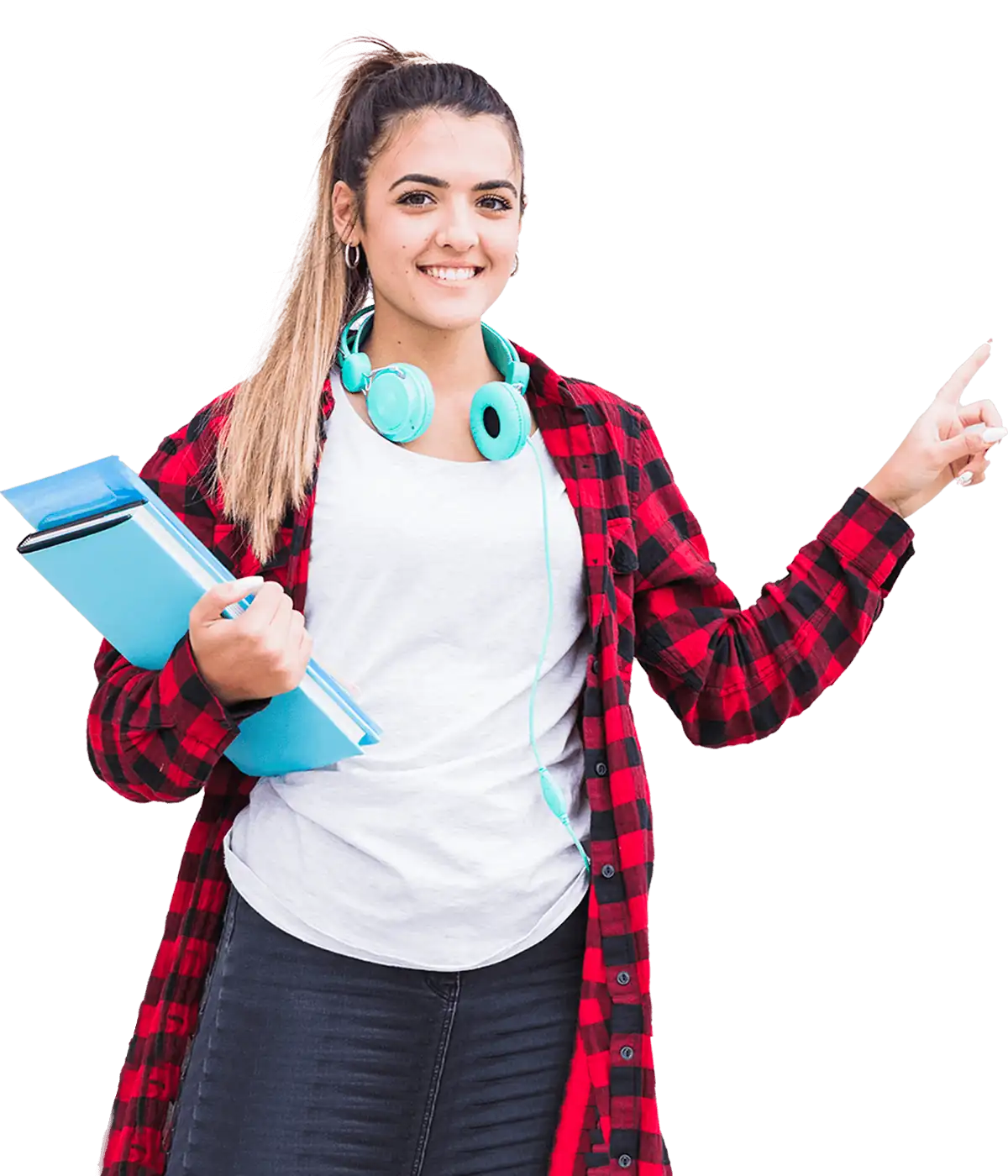 Girl pointing towards IELTS course cards